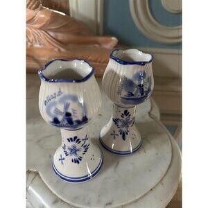 Hand-Painted Delft Blue Tulip Candle Holders x  2 Dutch Floral Ceramic Decor